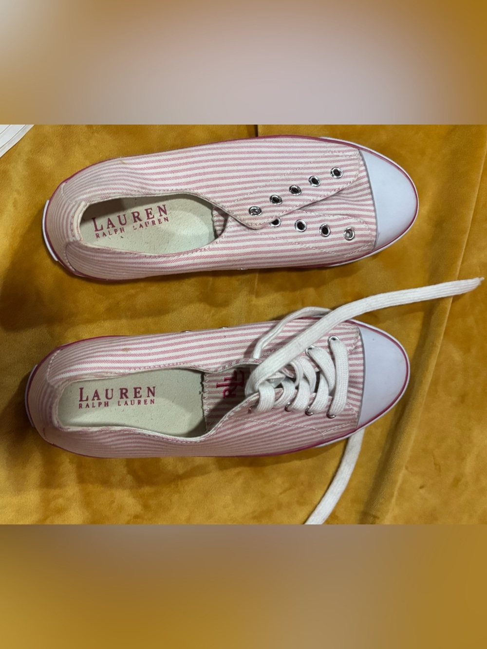 LAUREN Ralph Lauren Pink & White Striped Canvas Low-Top Sneakers